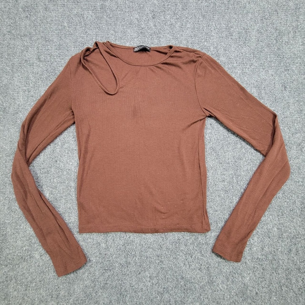 Zara Top Tee Womens Small Brown Ribbed Long Sleeve Cut Out Neckline Casual Shirt